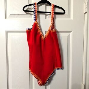 Solange Ferrarini Neoprene one piece swim suit with crochet edges designer NEW